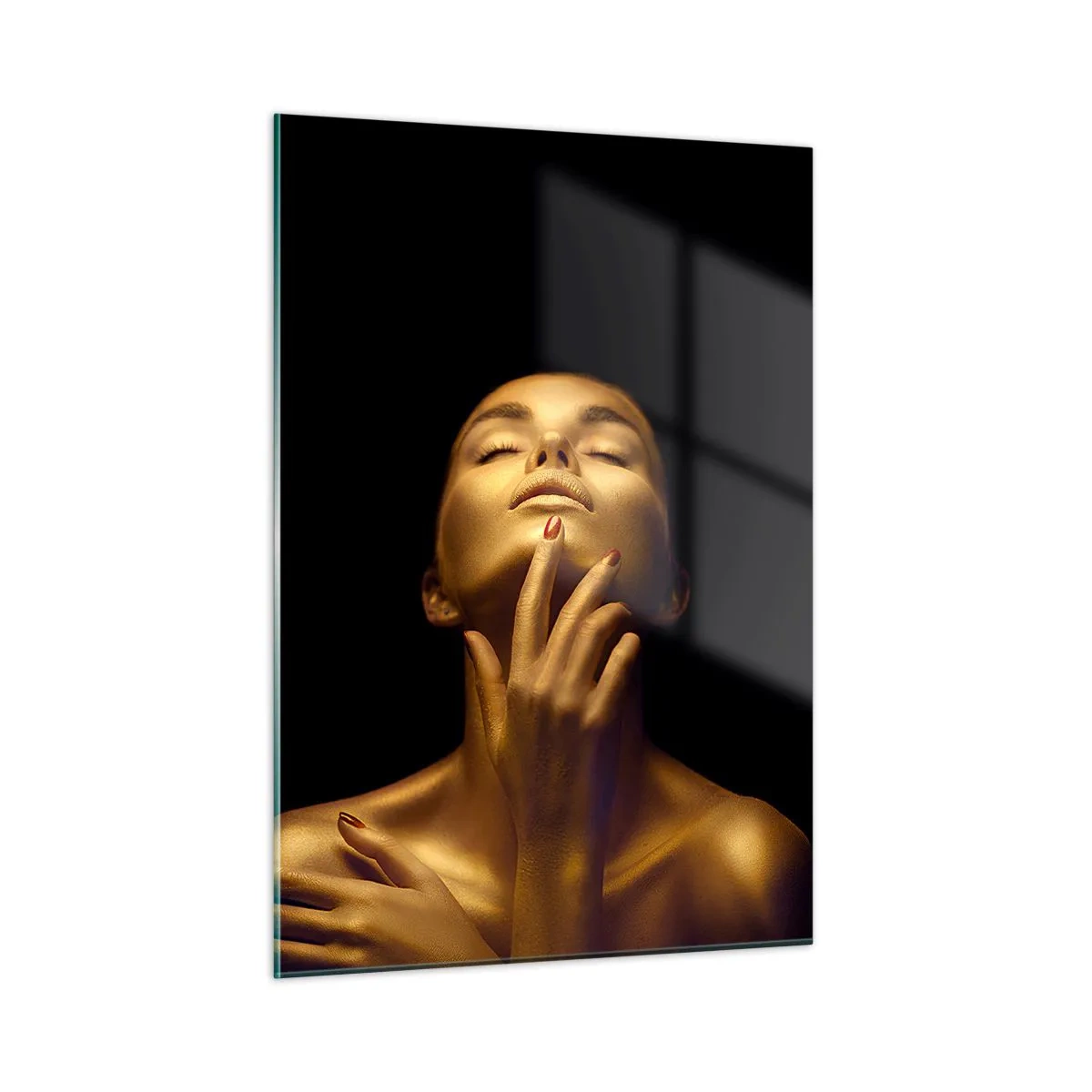 Impression sur verre - Image sur verre - Portrait d'une femme aux nuances dorées - 50x70cm - Comme de la soie dorée - Décoration murale moderne pour le salon et la chambre ARTTOR