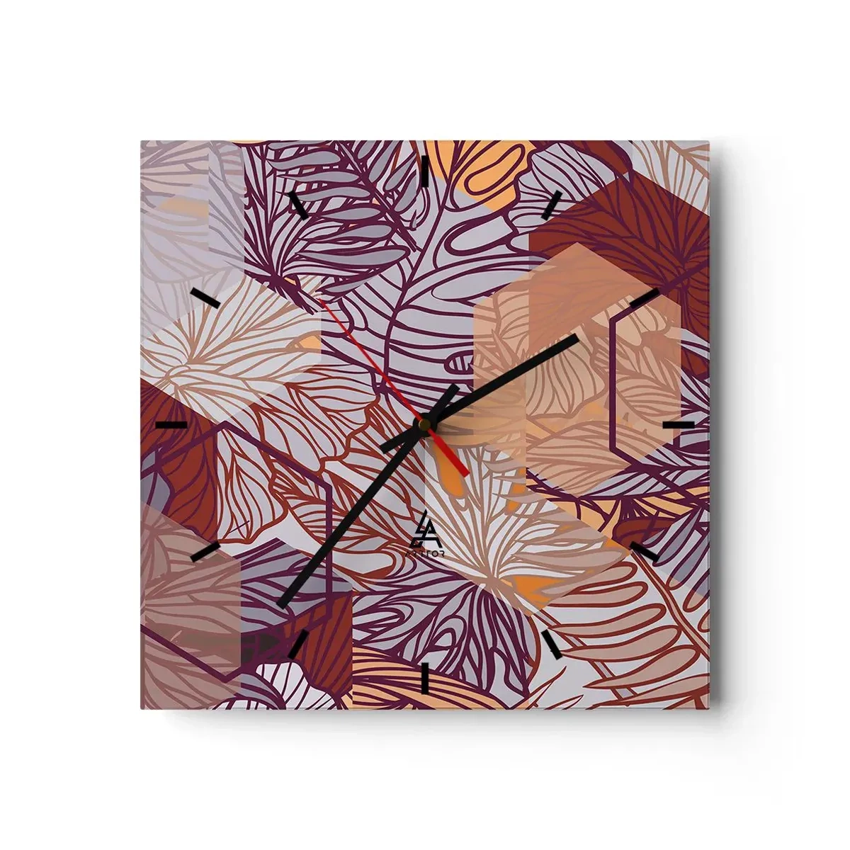 Horloge murale - Pendule murale - Un motif décoratif de feuilles tropicales dans des tons de violet, d'orange et de beige. - 30x30cm - Relation impossible entre la géométrie et la nature - Décoration murale moderne pour le salon et la chambre ARTTOR