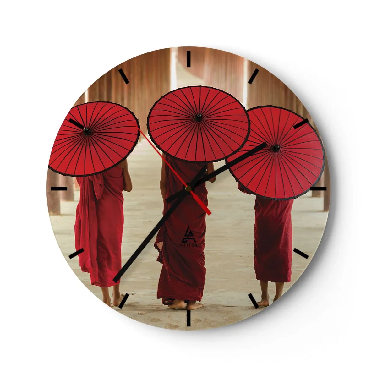 Horloge murale - Pendule murale - Trois moines en robes rouges avec des parapluies - 30x30cm - Sur la route du pays pure - Décoration murale moderne pour le salon, la cuisine et la chambre ARTTOR