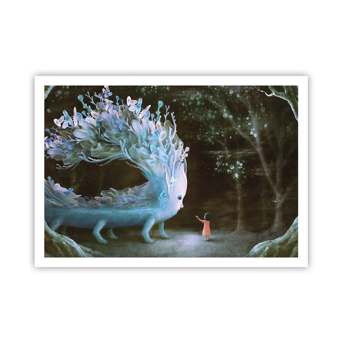 Affiche - Poster - La figure d'une fille face à une créature fantastique - 100x70cm - Une rencontre fantastique - Décoration murale moderne pour le salon et la chambre ARTTOR