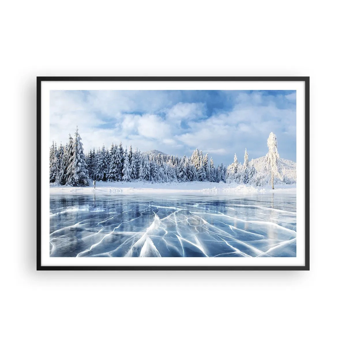 Affiche dans un cadre noir - Poster - Un lac gelé entouré d'une forêt enneigée - 100x70cm - Vue éblouissante et cristalline - Décoration murale moderne pour le salon et la chambre ARTTOR