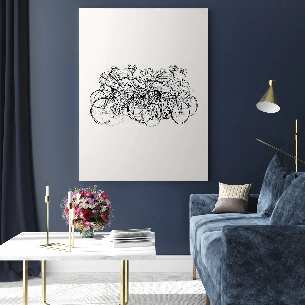 Impression sur verre - Image sur verre - Un groupe de cyclistes en mouvement dans un style minimaliste - 70x100cm - Ensemble en équipe - Décoration murale moderne pour le salon et la chambre ARTTOR