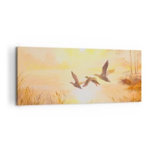 Impression sur toile - Image sur toile - Canards volant au lever du soleil au-dessus du lac - 120x50cm - Le début d'un long voyage - Décoration murale moderne pour le salon et la chambre ARTTOR