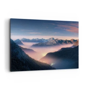 Impression sur toile - Image sur toile - Un paysage de montagne avec une vallée remplie de brouillard - 120x80cm - Lumière dans les vallées - Décoration murale moderne pour le salon et la chambre ARTTOR