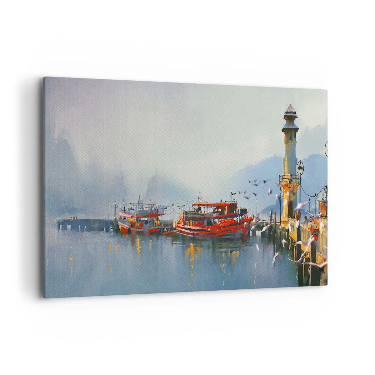 Impression sur toile - Image sur toile - Un port avec des bateaux rouges entouré d'un paysage brumeux - 100x70cm - Na końcu świata - Décoration murale moderne pour le salon et la chambre ARTTOR