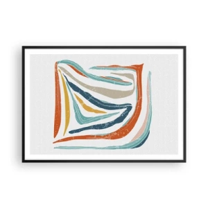 Affiche dans un cadre noir - Poster - Lignes colorées et dynamiques dans les tons de bleu, orange et beige - 100x70cm - Abstraction avec un sourire amical - Décoration murale moderne pour le salon et la chambre ARTTOR