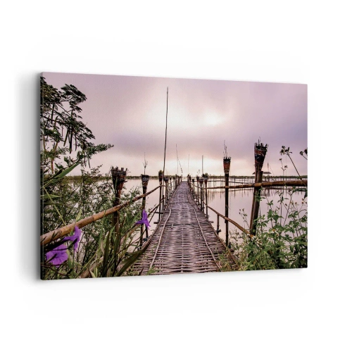 Impression sur toile - Image sur toile - Pont de bambou sur l'eau à l'aube - 120x80cm - Le silence et le calme d'Asie - Décoration murale moderne pour le salon et la chambre ARTTOR