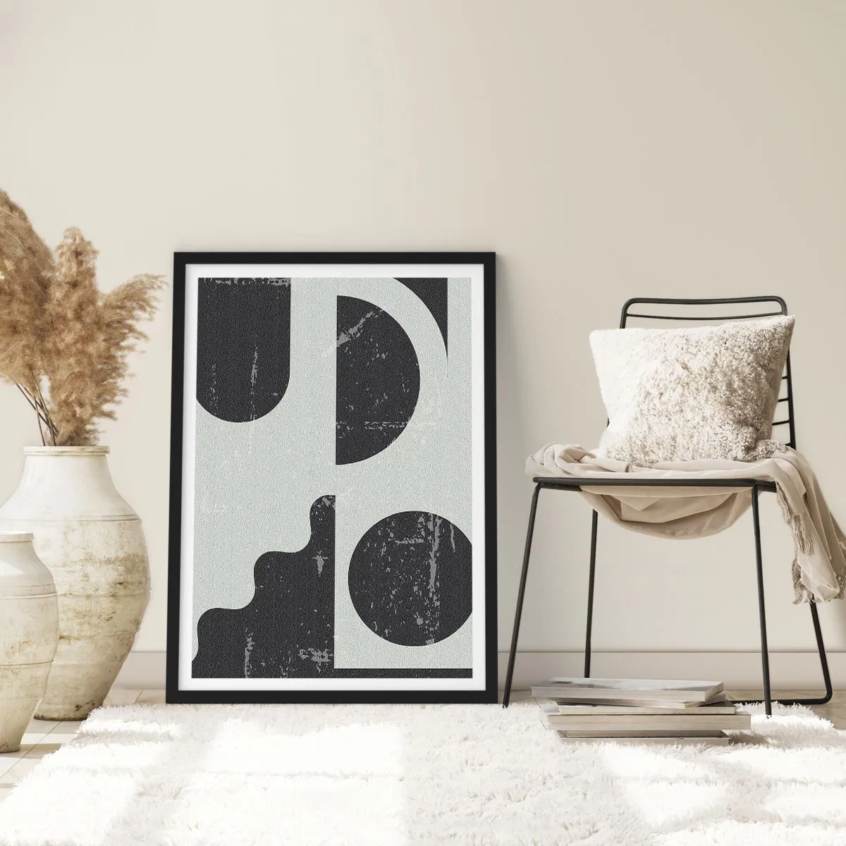 Affiche dans un cadre noir - Poster - Composition géométrique abstraite en noir et gris - 50x70cm - Composition dessus et dessous - Décoration murale moderne pour le salon et la chambre ARTTOR