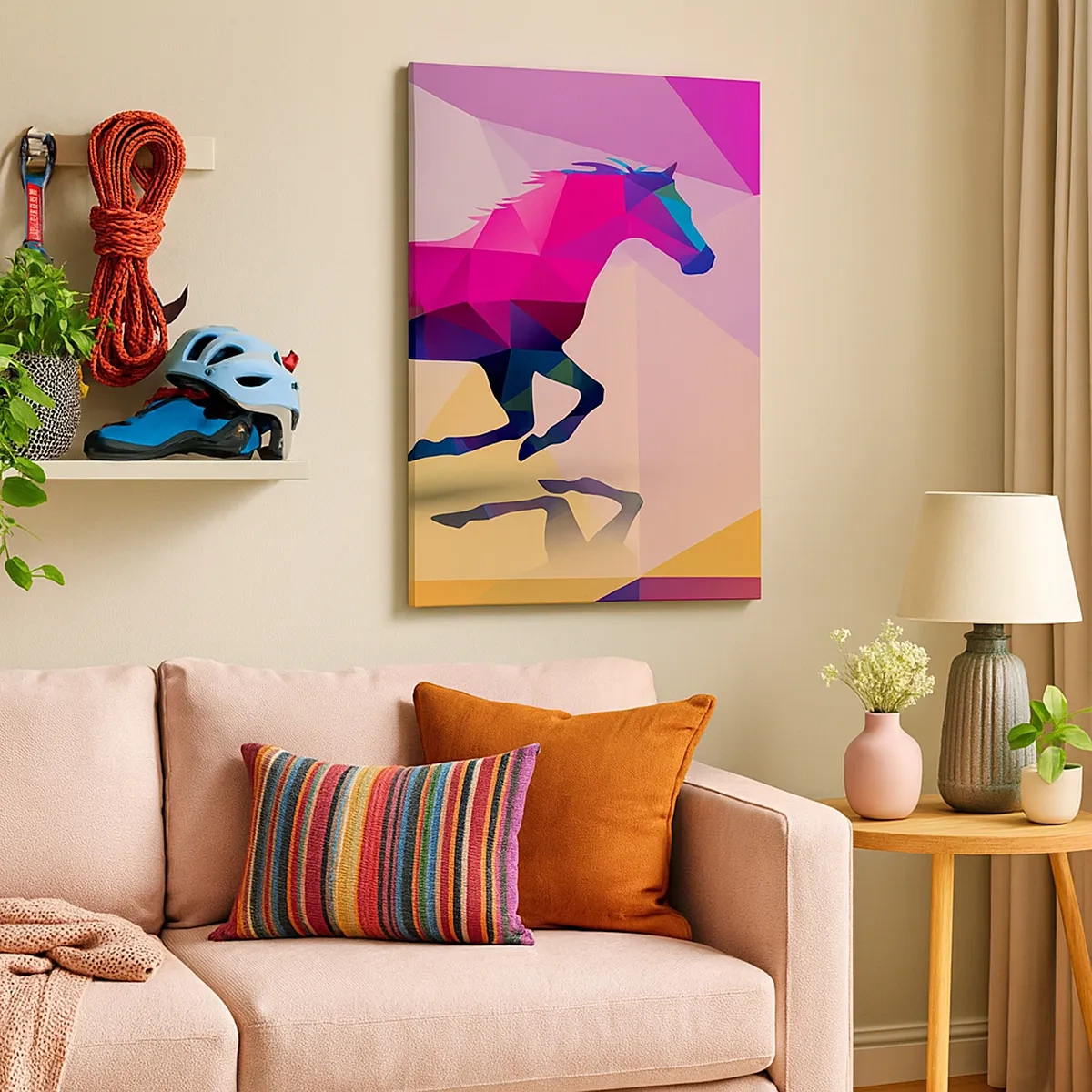 Impression sur toile - Image sur toile - Silhouette géométrique d'un cheval au galop aux couleurs vives - 50x70cm - Le cubisme toujours vivant - Décoration murale moderne pour le salon et la chambre ARTTOR