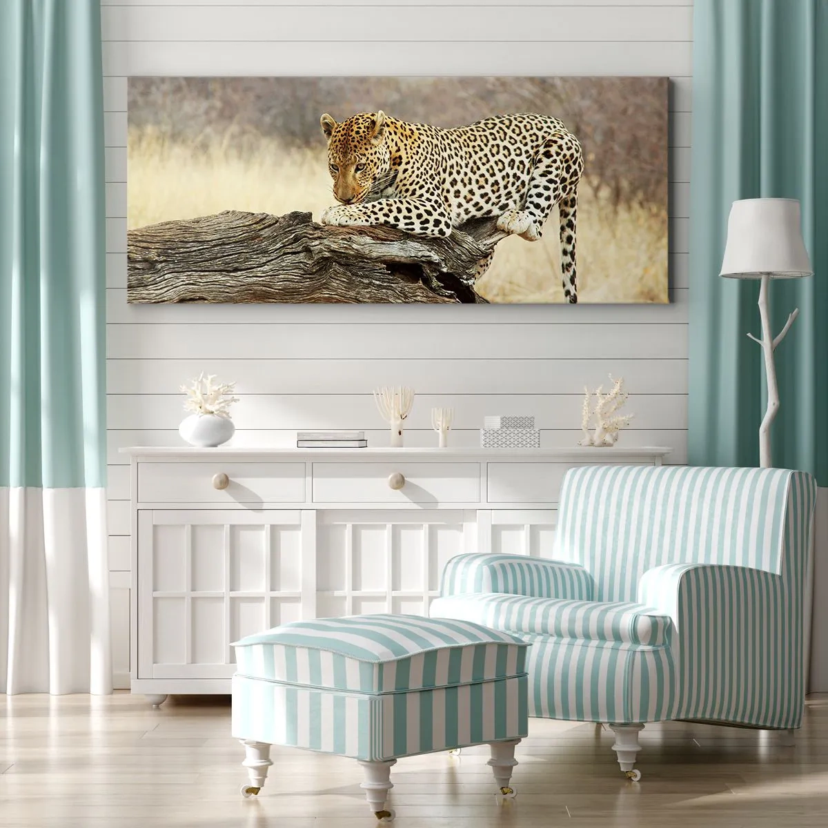 Impression sur toile - Image sur toile - Un léopard se reposant sur un tronc d'arbre dans la savane - 120x50cm - Je suis ma propre route - Décoration murale moderne pour le salon et la chambre ARTTOR