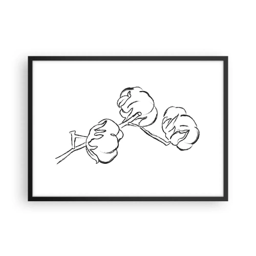 Affiche dans un cadre noir - Poster - Un contour délicat d'une branche de coton sur fond blanc - 70x50cm - Duvet de coton - Décoration murale moderne pour le salon et la chambre ARTTOR