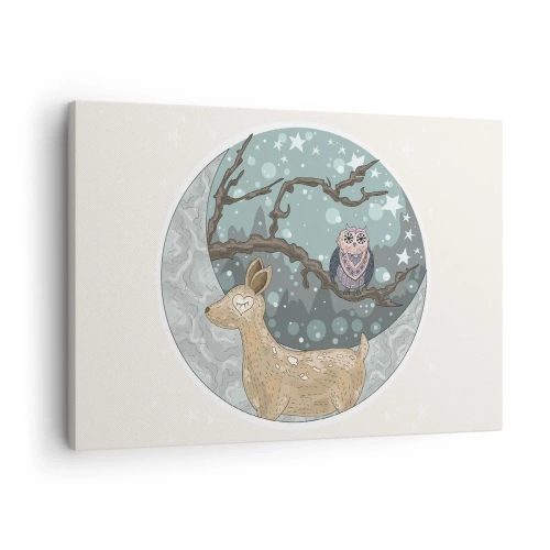 Impression sur toile - Image sur toile - Un cerf et un hibou dans un paysage nocturne de conte de fées - 70x50cm - Une nuit de conte de fées en forêt  - Décoration murale moderne pour le salon et la chambre ARTTOR