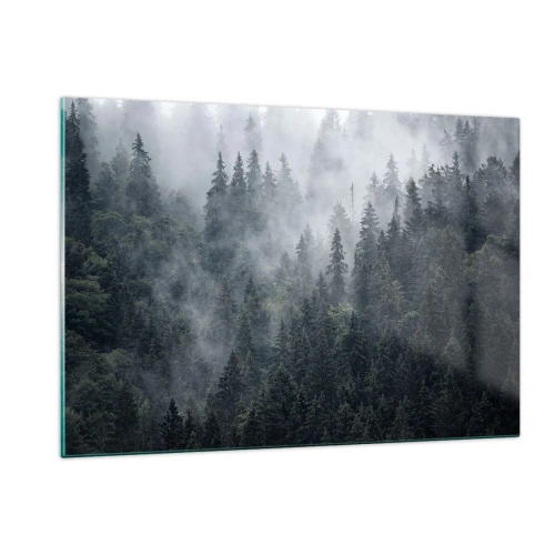 Impression sur verre - Image sur verre - Brouillard suspendu au-dessus de la dense forêt de conifères le matin - 120x80cm - Aube de la forêt - Décoration murale moderne pour le salon et la chambre ARTTOR