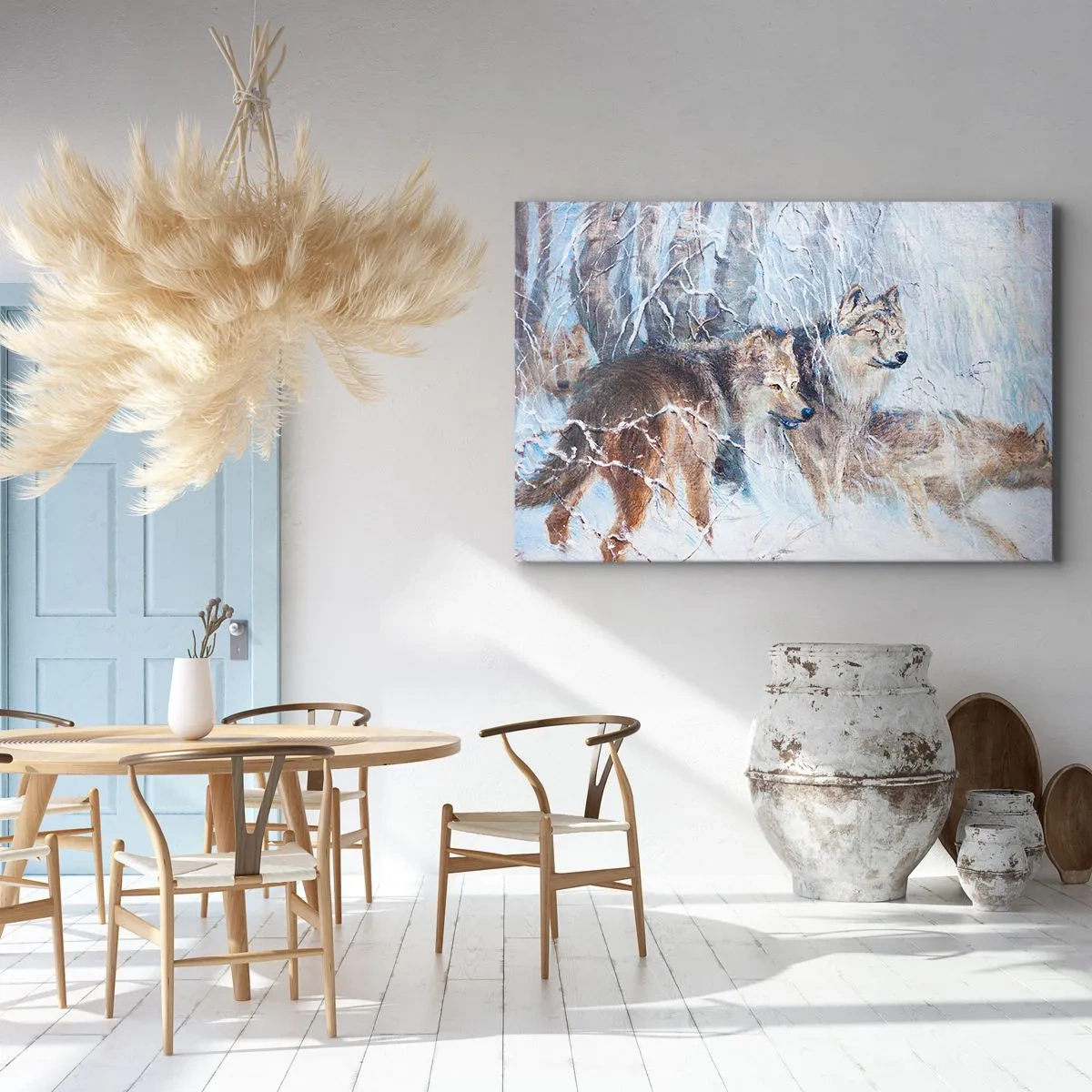 Impression sur toile - Image sur toile - Loups dans une forêt hivernale sur fond de neige - 120x80cm - Attention! Ca arrive ... - Décoration murale moderne pour le salon et la chambre ARTTOR