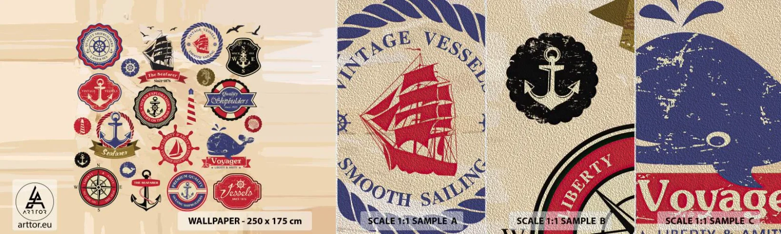 Échantillon de Papier Peint Premium Sand - La fraternité de la voile - Nautique, Ancre, Boussole - 100x30 cm