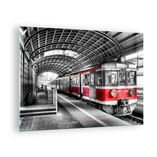 Impression sur verre - Image sur verre - Train rouge à la gare sous un toit - 70x50cm - C'est peut-être le voyage de votre vie ? - Décoration murale moderne pour le salon et la chambre ARTTOR