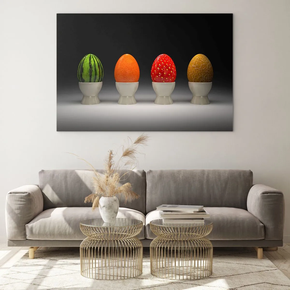 Impression sur verre - Image sur verre - Œufs dans des coquilles de fruits sur un support - 70x50cm - Petit-déjeuner fruité - Décoration murale moderne pour le salon et la chambre ARTTOR