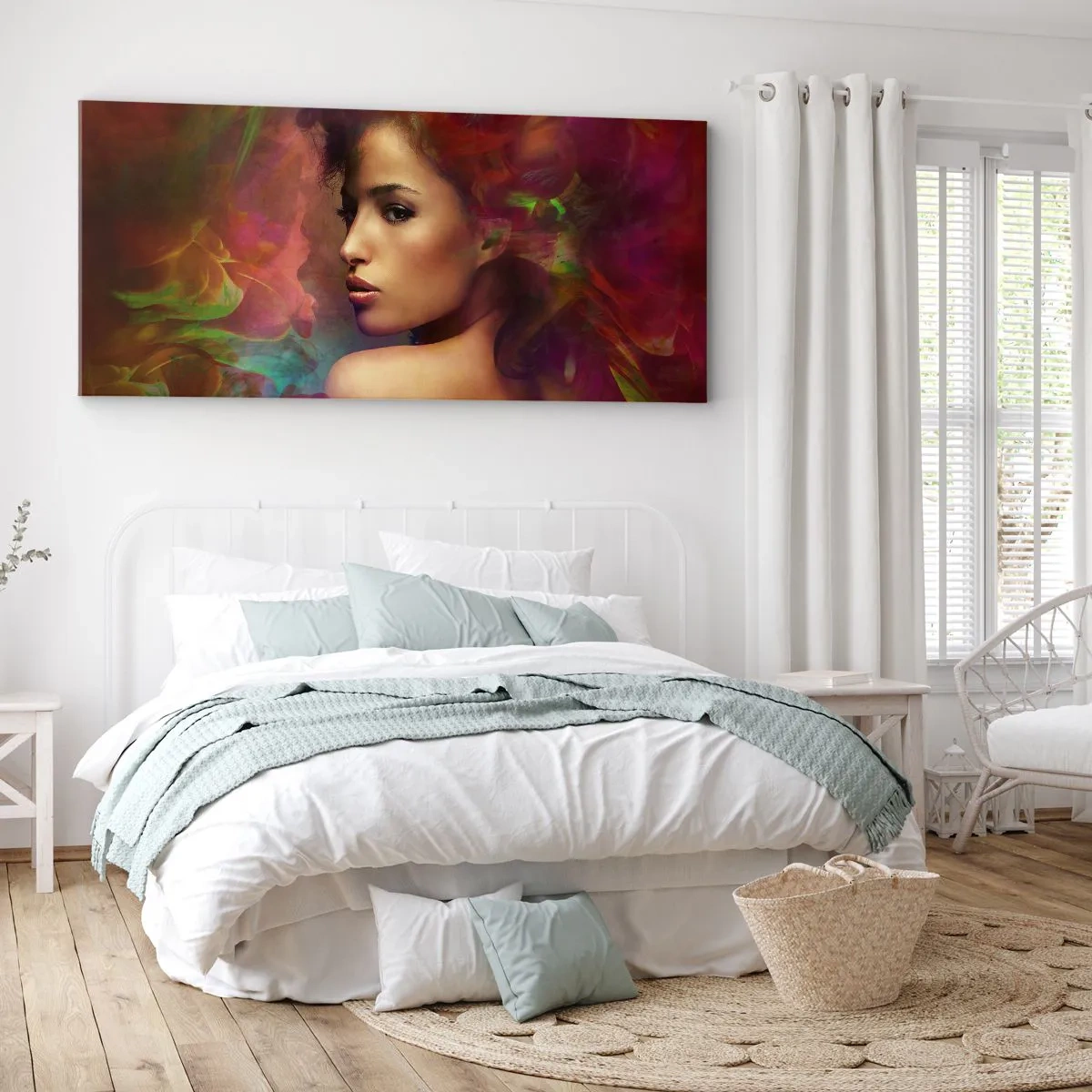 Impression sur toile - Image sur toile - Une femme aux reflets colorés créant un arrière-plan abstrait - 120x50cm - Plus beau qu'un arc-en-ciel, aussi délicat qu'un brouillard - Décoration murale moderne pour le salon et la chambre ARTTOR