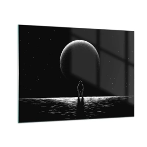 Impression sur verre - Image sur verre - Astronaute debout devant une planète en noir et blanc - 70x50cm - Face à face - Décoration murale moderne pour le salon et la chambre ARTTOR