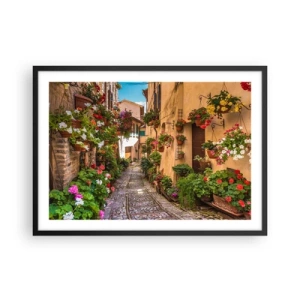 Affiche dans un cadre noir - Poster - Une charmante rue pleine de fleurs et de pots de fleurs - 70x50cm - Ruelle italienne - Décoration murale moderne pour le salon et la chambre ARTTOR