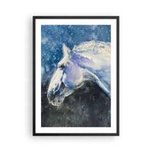 Affiche dans un cadre noir - Poster - Portrait d'un cheval dans des tons bleus à l'aquarelle - 50x70cm - Portrait dans une lueur azur - Décoration murale moderne pour le salon et la chambre ARTTOR