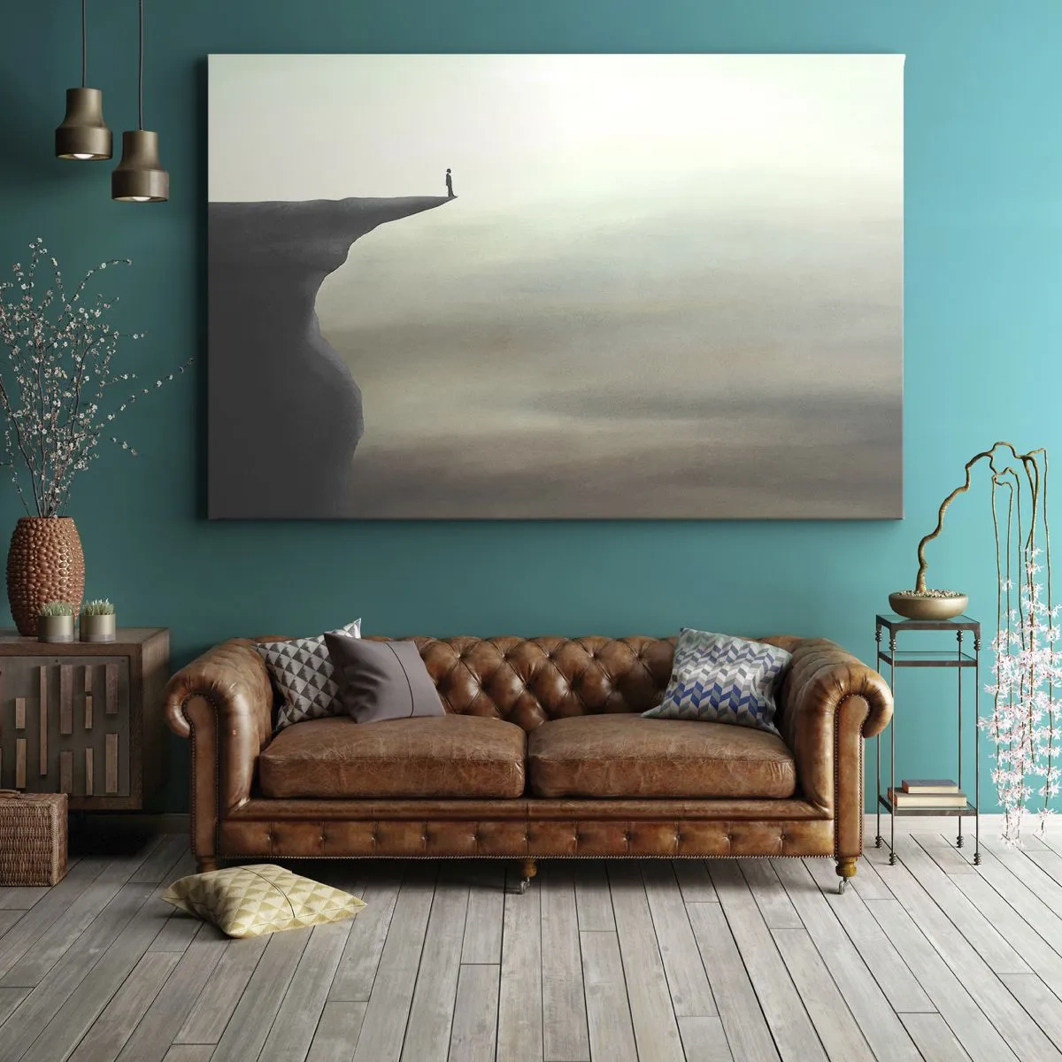 Impression sur toile - Image sur toile - Silhouette d'une figure au bord d'une falaise dans un paysage brumeux - 70x50cm - Tout en haut, bien entendu! - Décoration murale moderne pour le salon et la chambre ARTTOR