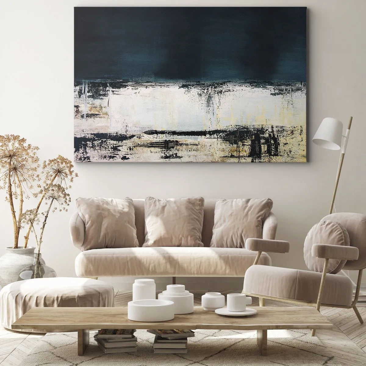 Impression sur toile - Image sur toile - Composition horizontale abstraite dans les tons bleu marine et blanc - 70x50cm - Composition horizontale - Décoration murale moderne pour le salon et la chambre ARTTOR