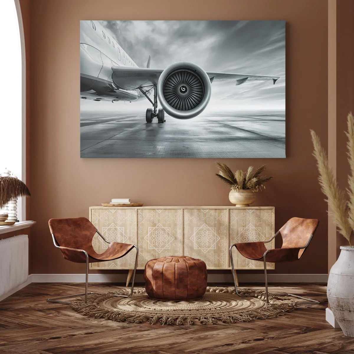 Impression sur toile - Image sur toile - Le réacteur d'un avion sur le tarmac - 70x50cm - Sent la force! - Décoration murale moderne pour le salon et la chambre ARTTOR