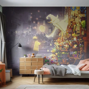 Papier Peint Photo Premium Sand - Une scène nocturne fantastique avec un vendeur magique et un enfant - 100x70cm - La magie existe - Décoration murale moderne pour le salon et la chambre ARTTOR