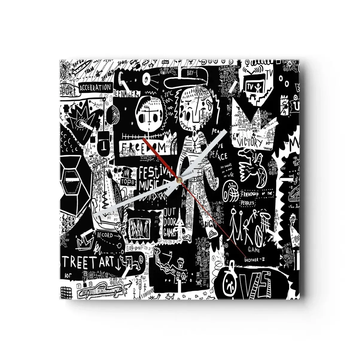 Horloge murale - Pendule murale - Collage noir et blanc inspiré du street art - 30x30cm - Jeunesse spirituelle de loi et de joie - Décoration murale moderne pour le salon et la chambre ARTTOR