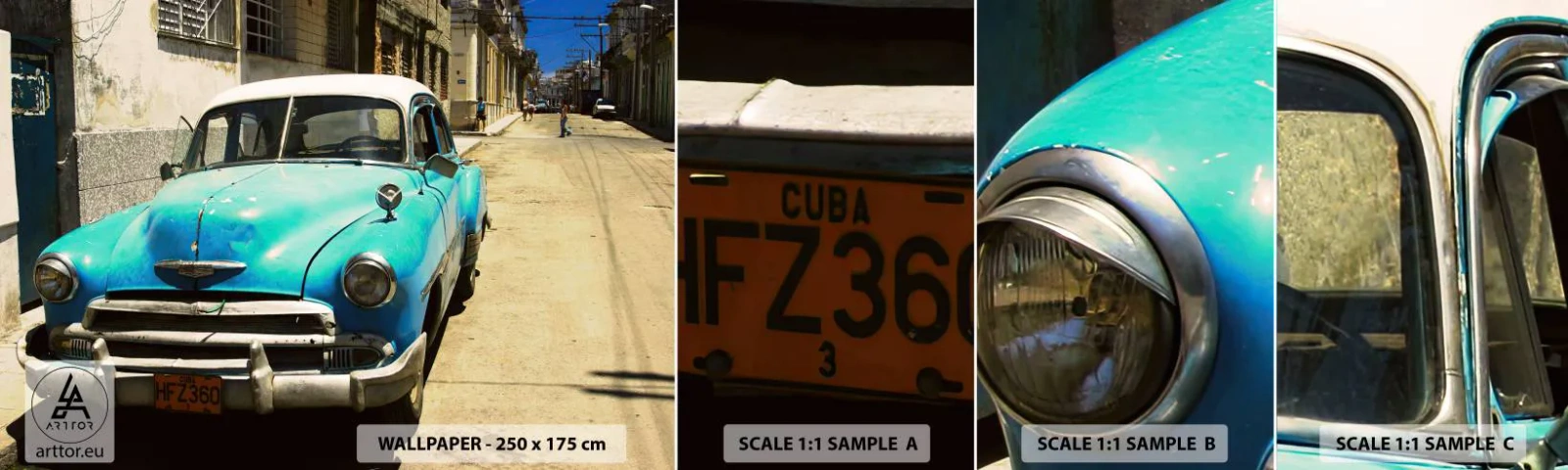 Échantillon de Papier Peint Autocollant Deluxe Sticker - Et vive Cuba ! - Automobile, Voiture, Cuba - 100x30 cm