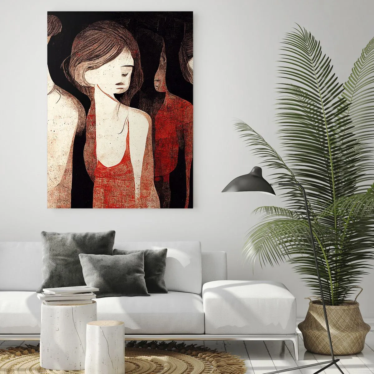 Impression sur verre - Image sur verre - Silhouettes féminines abstraites en rouge sur fond noir - 50x70cm - Madones des ténèbres - Décoration murale moderne pour le salon et la chambre ARTTOR