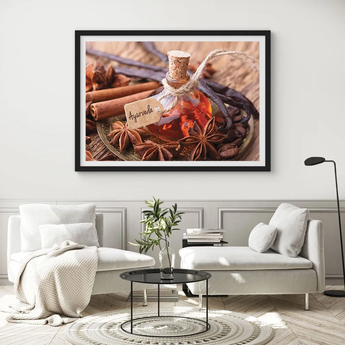 Affiche dans un cadre noir - Poster - Une bouteille d'huile d'épices sur un plateau - 100x70cm - Vers l'unité du corps et de l'esprit - Décoration murale moderne pour le salon et la chambre ARTTOR