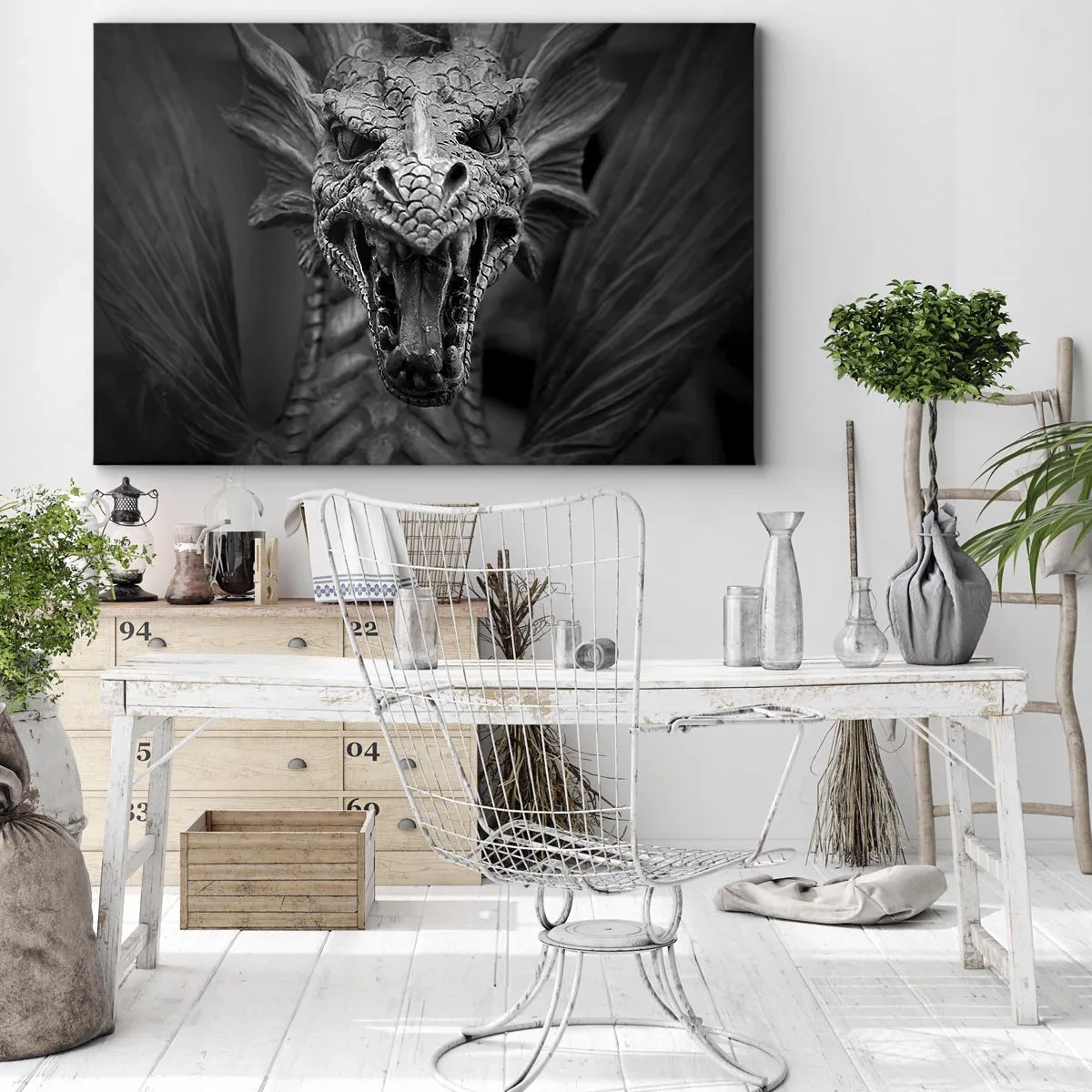 Impression sur toile - Image sur toile - Une tête de dragon menaçante en noir et blanc avec des détails expressifs. - 100x70cm - Un dragon imaginaire grisâtre - Décoration murale moderne pour le salon et la chambre ARTTOR