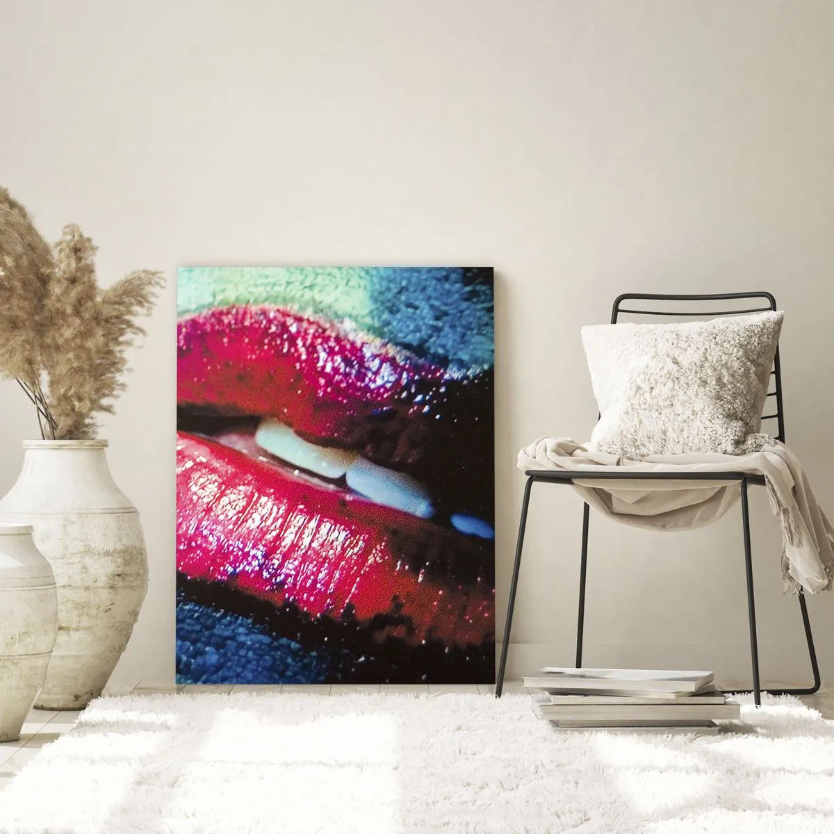 Impression sur verre - Image sur verre - Lèvres rouges sur un fond de couleurs intenses - 50x70cm - Sensuel et dérangeant - Décoration murale moderne pour le salon et la chambre ARTTOR