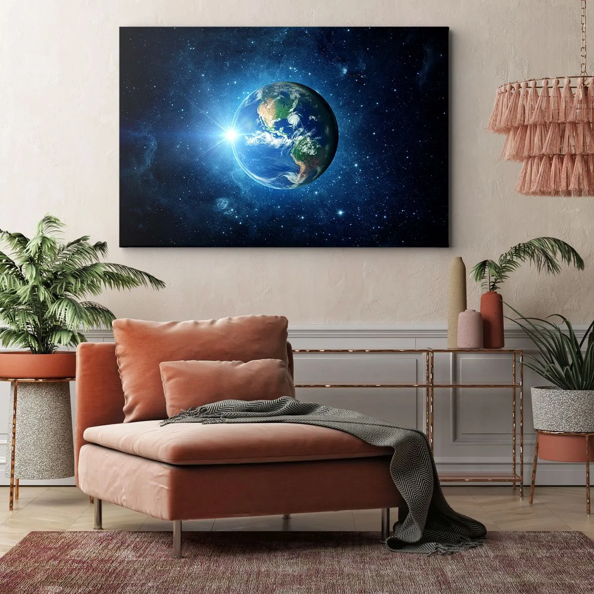 Impression sur toile - Image sur toile - La Terre dans l'espace entourée d'étoiles et de lumière - 120x80cm - Nous sommes au paradis - Décoration murale moderne pour le salon et la chambre ARTTOR