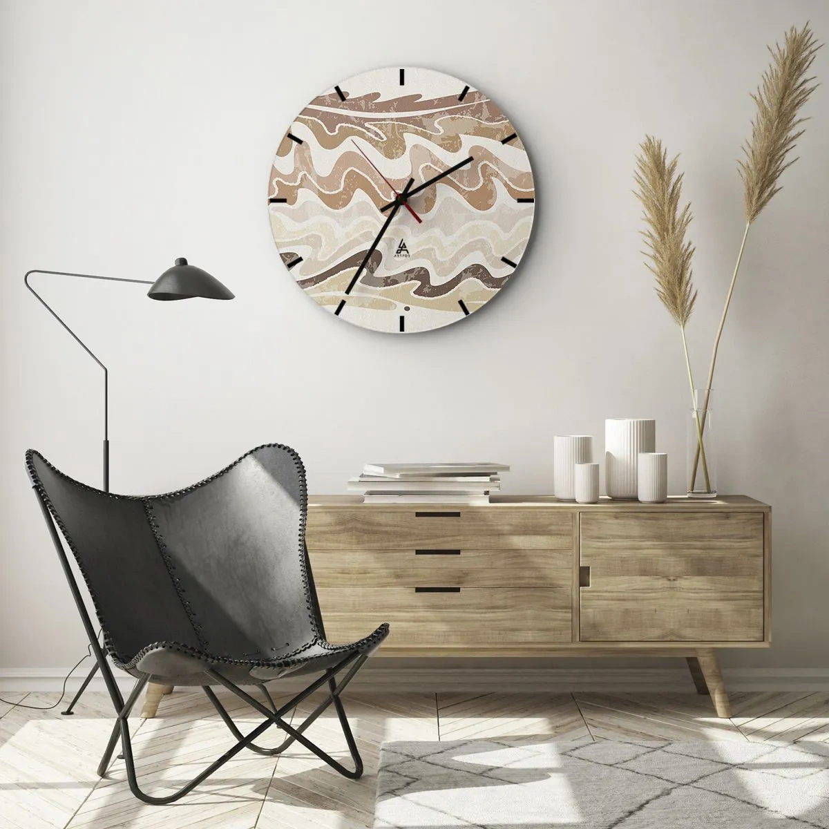 Horloge murale - Pendule murale - Lignes ondulées dans des tons chauds et sableux - 30x30cm - Bonne énergie – bonnes émotions - Décoration murale moderne pour le salon, la cuisine et la chambre ARTTOR