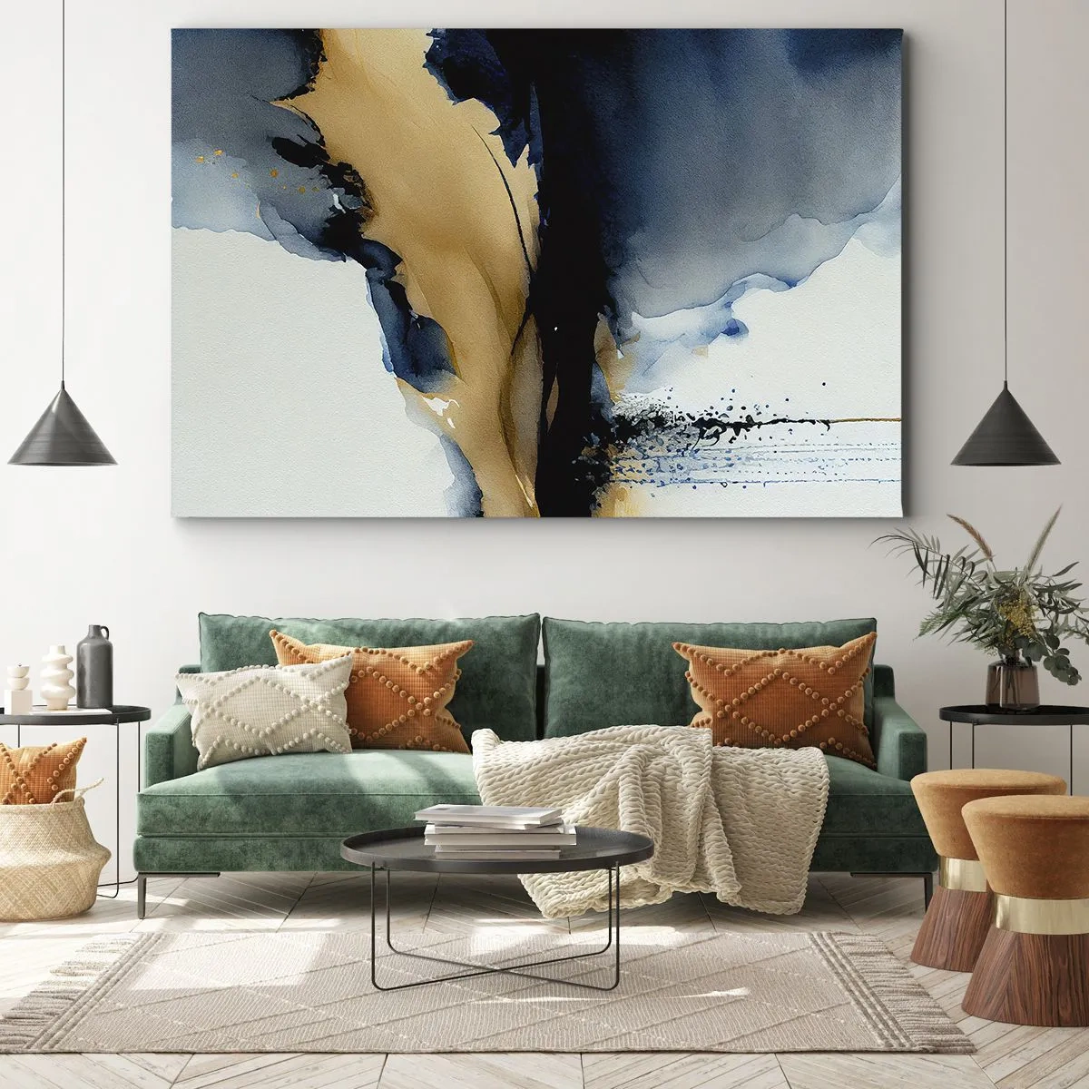 Impression sur toile - Image sur toile - Une composition abstraite dans les tons bleu marine et or - 100x70cm - Derrière le rideau - Décoration murale moderne pour le salon et la chambre ARTTOR