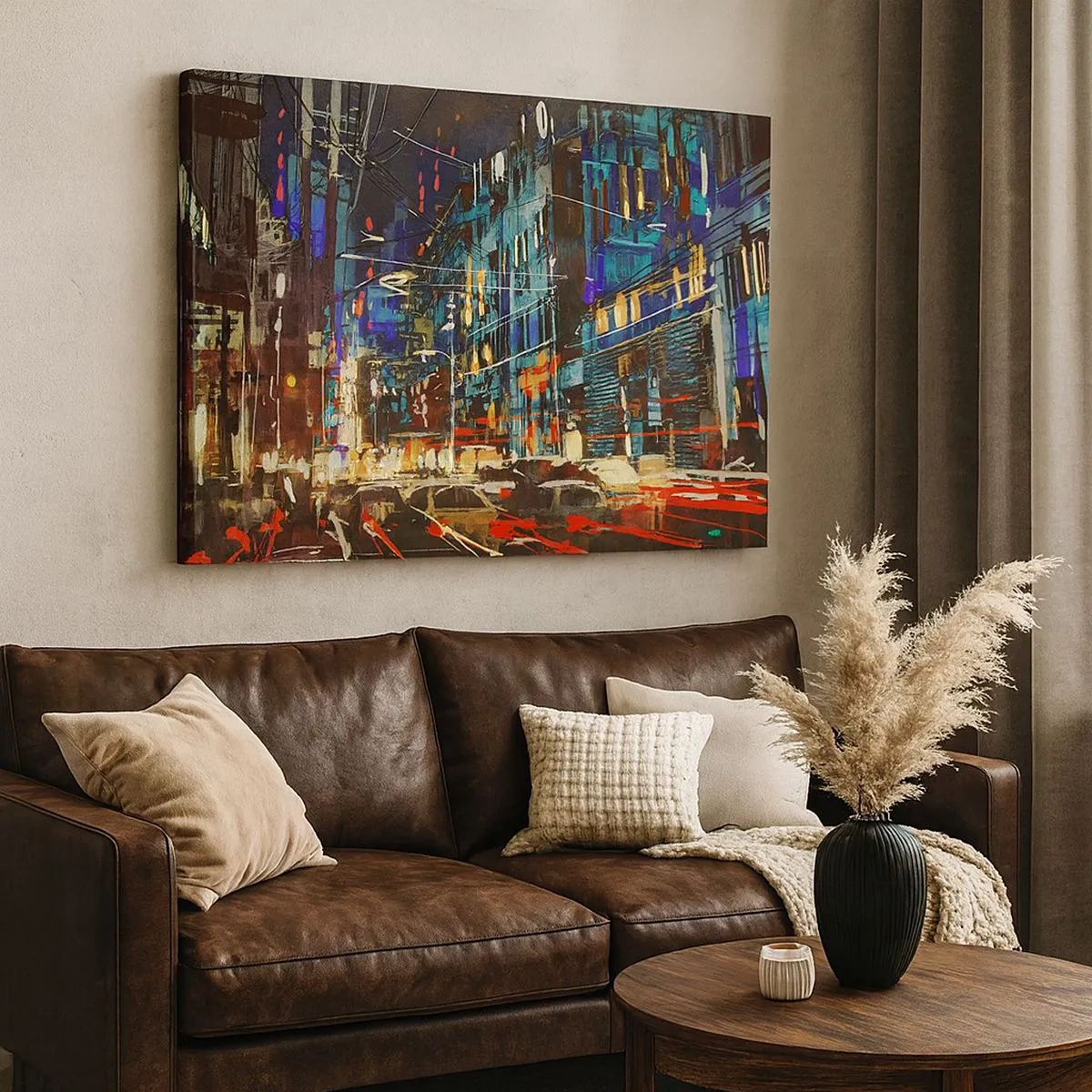 Impression sur toile - Image sur toile - Scène nocturne de la ville avec des néons - 70x50cm - L'agitation de la rue en soirée - Décoration murale moderne pour le salon et la chambre ARTTOR