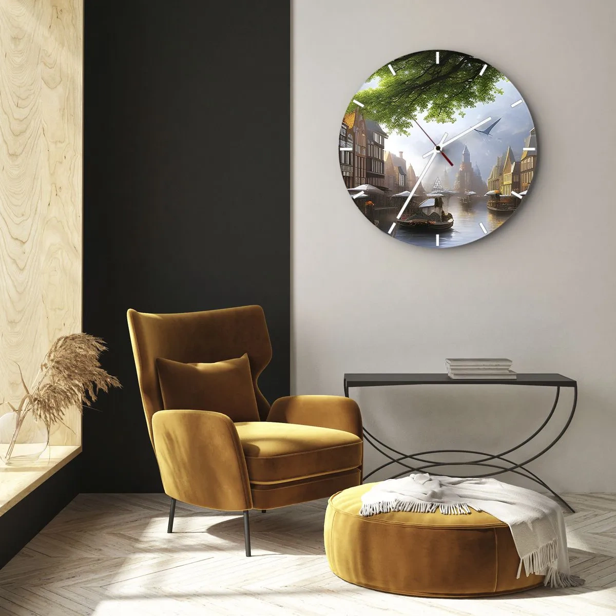 Horloge murale - Pendule murale - Canal d'eau avec bateaux et maisons historiques - 30x30cm - Paysage urbain néerlandais - Décoration murale moderne pour le salon, la cuisine et la chambre ARTTOR