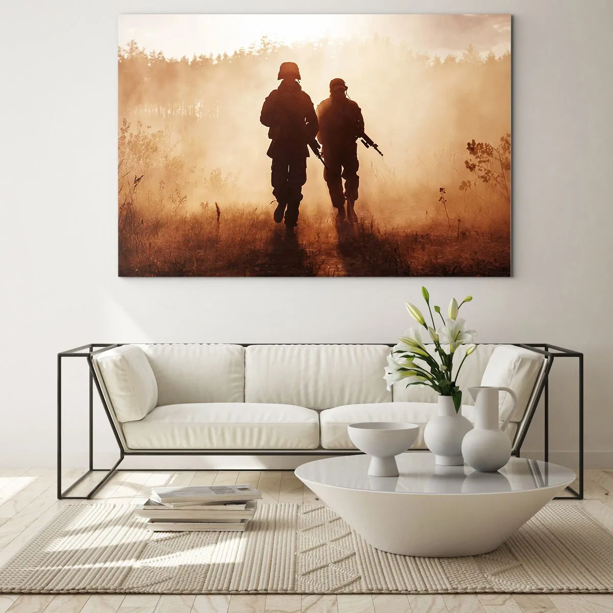 Impression sur verre - Image sur verre - Deux soldats en action sur fond de soleil couchant - 120x80cm - Call of Duty - Décoration murale moderne pour le salon et la chambre ARTTOR