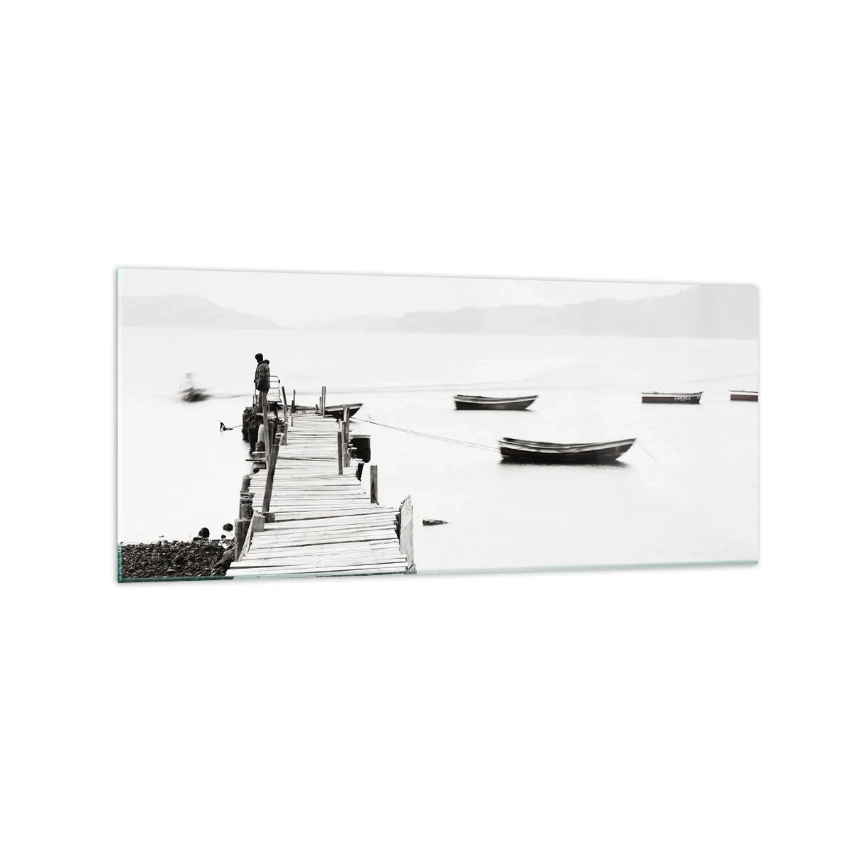 Impression sur verre - Image sur verre - Jetée en bois et bateaux sur une eau calme - 120x50cm - Calme et propre au bord de l'eau - Décoration murale moderne pour le salon et la chambre ARTTOR