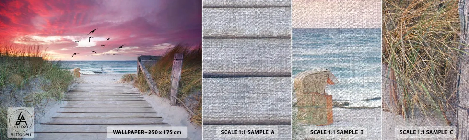 Échantillon de Papier Peint Premium Canvas - Impression de la Baltique - Paysage marin, Plage, Des oiseaux - 100x30 cm