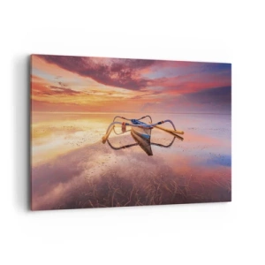 Impression sur toile - Image sur toile - Un bateau sur une eau calme au coucher du soleil - 120x80cm - Le calme d'une soirée tropicale - Décoration murale moderne pour le salon et la chambre ARTTOR
