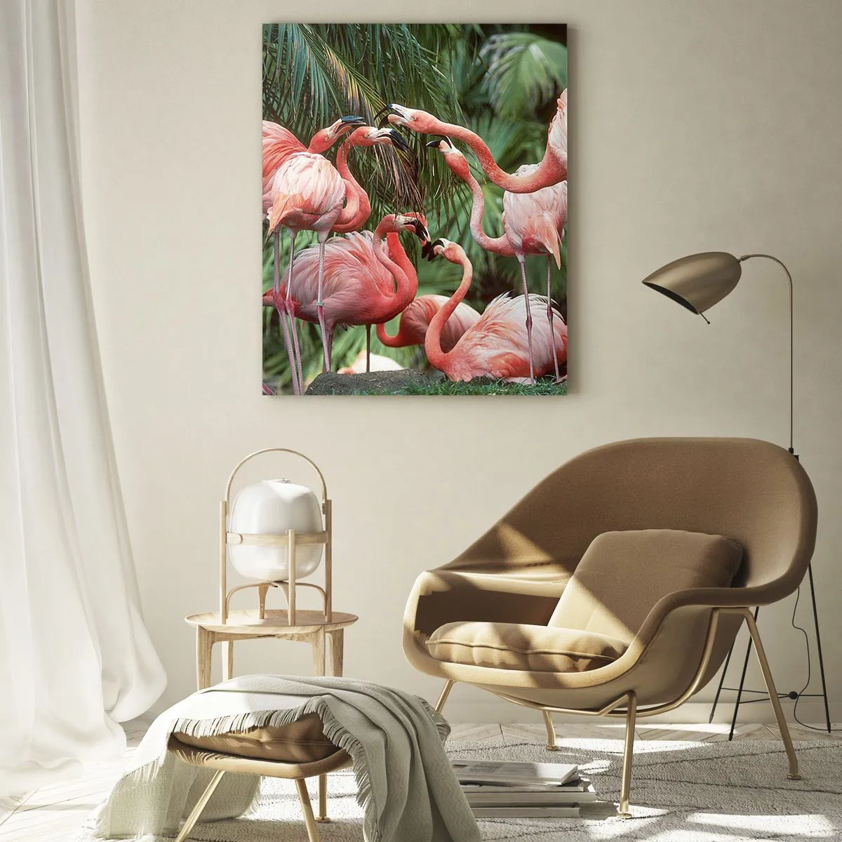 Impression sur verre - Image sur verre - Flamants roses parmi la végétation tropicale aux couleurs vives - 50x70cm - Potins d'après-midi - Décoration murale moderne pour le salon et la chambre ARTTOR