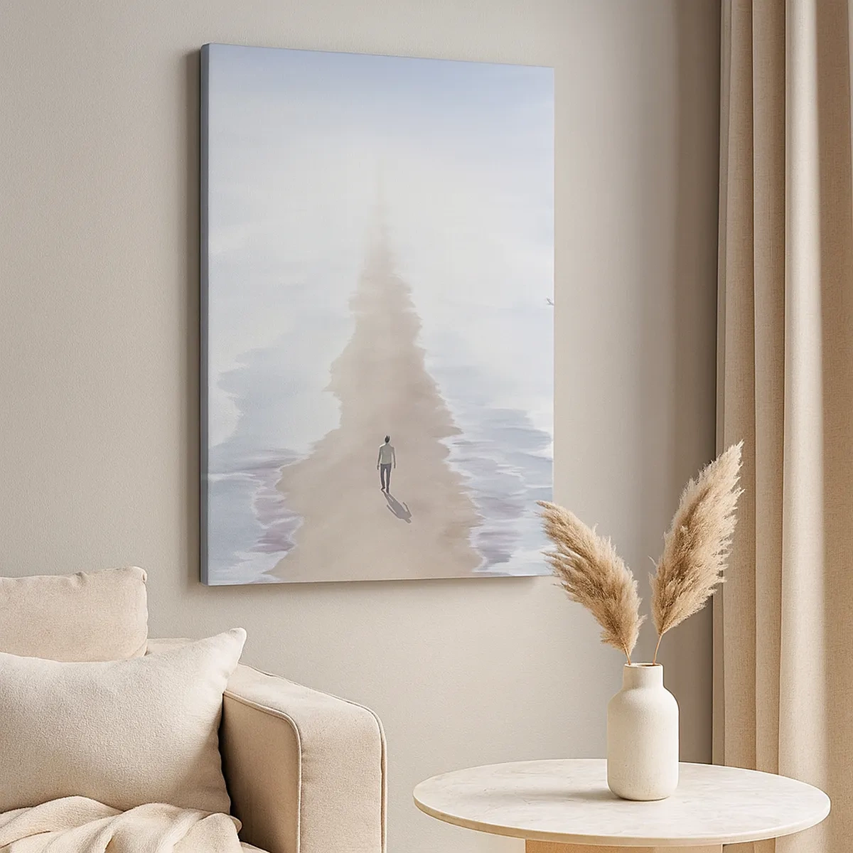 Impression sur toile - Image sur toile - Une silhouette sur une route solitaire au milieu d'un vaste paysage aquatique - 50x70cm - Un brillant avenir - Décoration murale moderne pour le salon et la chambre ARTTOR
