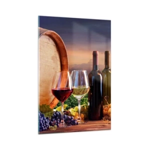 Impression sur verre - Image sur verre - Du vin, des verres et un tonneau dans un paysage pittoresque - 80x120cm - Ici la vie a du goût - Décoration murale moderne pour le salon et la chambre ARTTOR