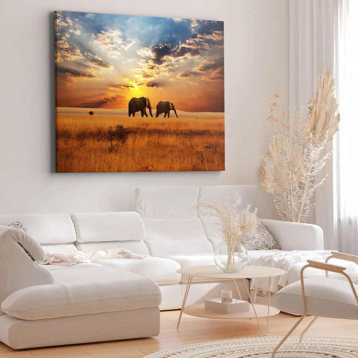 Impression sur toile - Image sur toile - Éléphants dans la savane au coucher du soleil - 120x80cm - Déambulation familliale - Décoration murale moderne pour le salon et la chambre ARTTOR