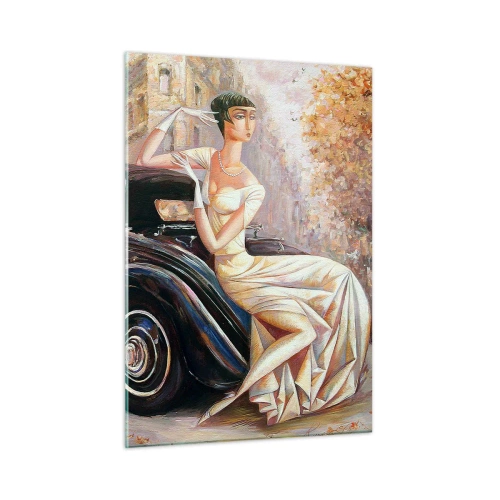 Impression sur verre - Image sur verre - Femme élégante à côté d'une voiture rétro dans un cadre urbain - 50x70cm - L'élégance dans un style rétro - Décoration murale moderne pour le salon et la chambre ARTTOR