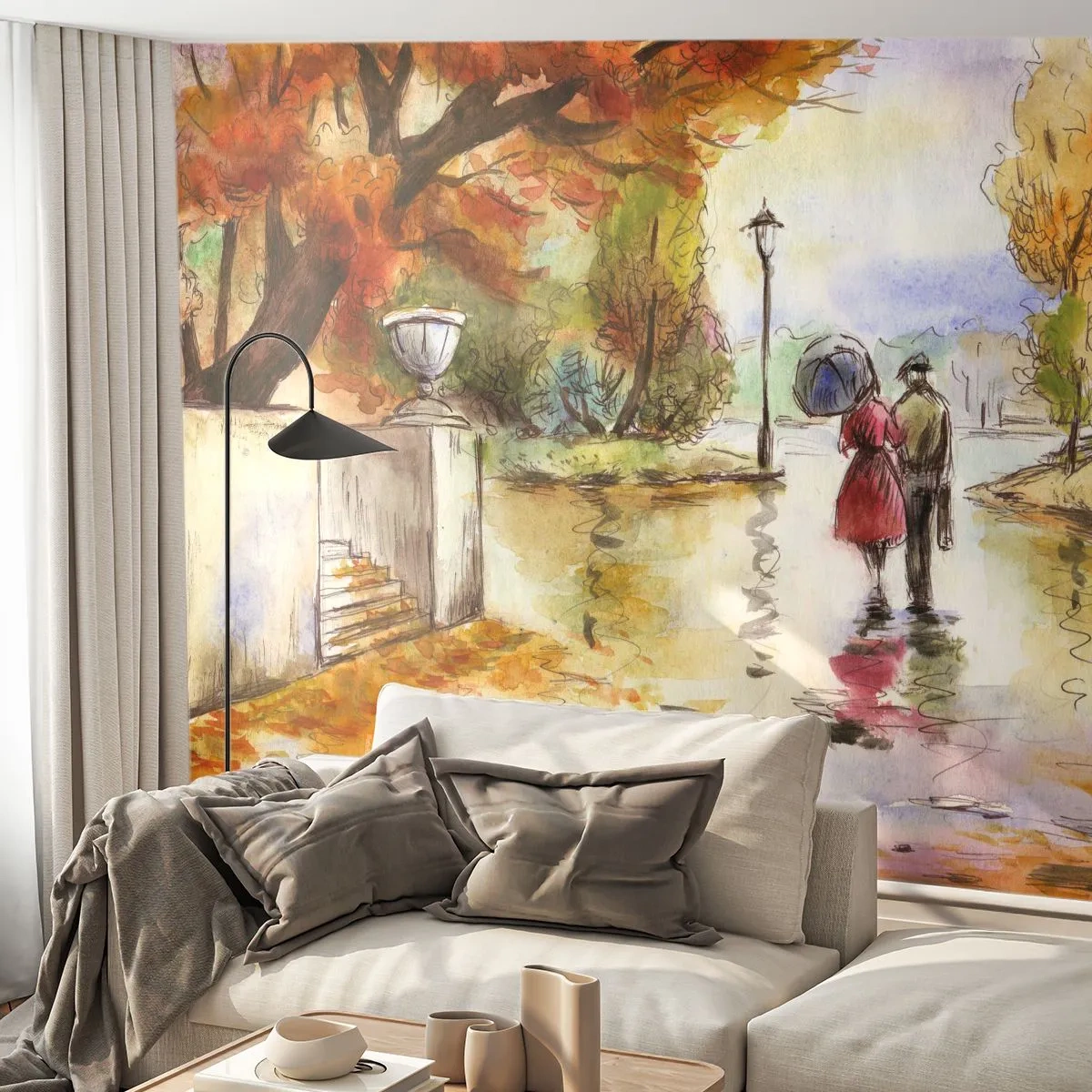 Papier Peint Photo Premium Sand - Promenade d'automne d'un couple sous la pluie, illustration à l'aquarelle - 100x70cm - Automne romantique dans le parc - Décoration murale moderne pour le salon et la chambre ARTTOR